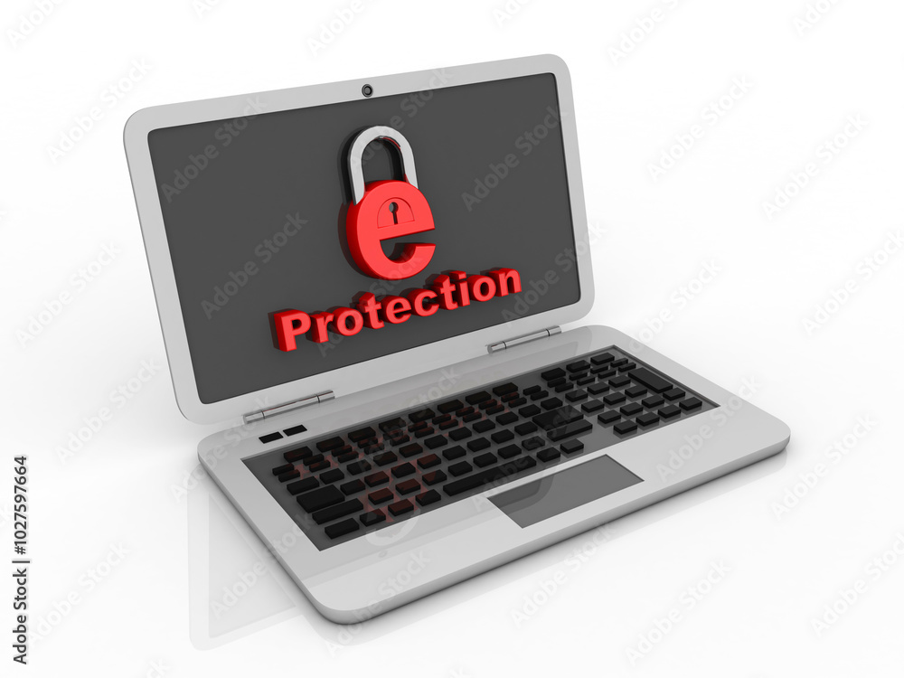 Poster 3d rendering e-mail symbol with lock near laptop. internet security concept