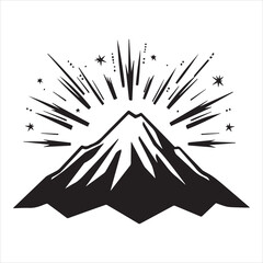 simple logo of a monotone mountain with fireworks behind , on a white background
