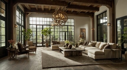 Fototapeta premium interior space with a high ceiling and exposed wooden beams