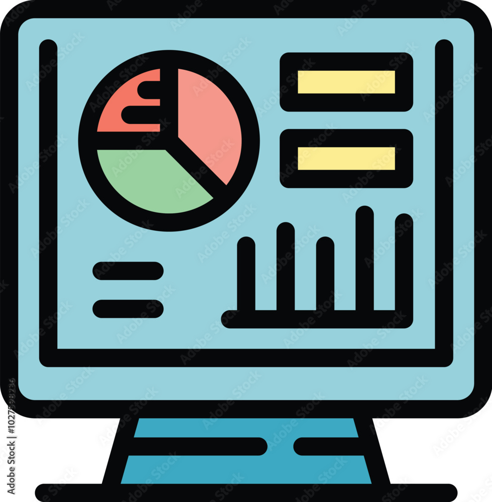 Poster desktop computer displaying charts and graphs, representing data analysis and business insights