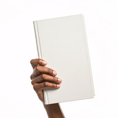 woman's hand holding blank white book  isolated on white background  mock up