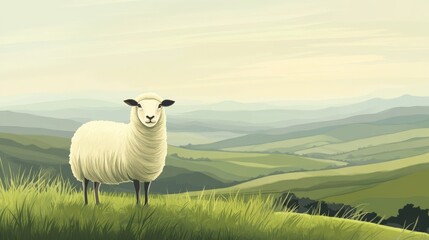 Fototapeta premium Illustration of Sheep Grazing Peacefully in Green Rolling Hills Countryside Landscape 