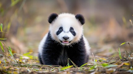 Fototapeta premium A cute baby panda sitting in the forest, looking directly at the camera with a happy expression.