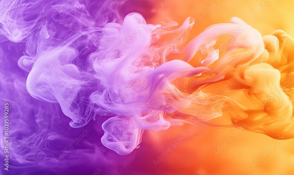 Poster abstract purple and orange ink swirls in water, creating a vibrant and dynamic pattern.