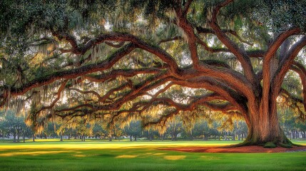 Majestic old oak tree with sprawling branches, draped in Spanish moss, bathed in warm morning sunlight.
