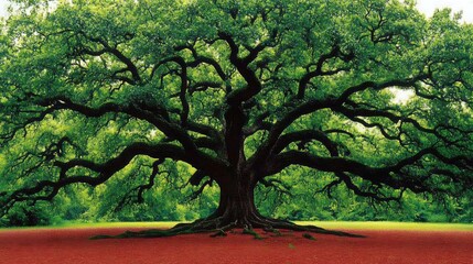 Fototapeta premium A large, ancient oak tree with thick, gnarled branches and a wide canopy. Its roots spread out over a field of red leaves.