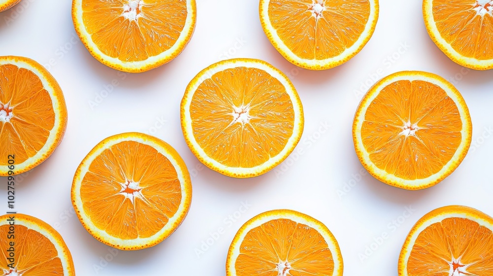Poster a flat lay of sliced oranges arranged in a repeating pattern on a white background.