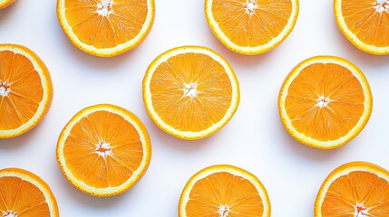 A flat lay of sliced oranges arranged in a repeating pattern on a white background.