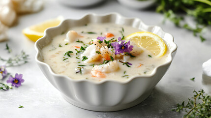 Delicate Seafood Chowder in Elegant White Bowl