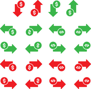 Set of cost symbol dollar increase and decrease icon. Money vector symbol isolated on background