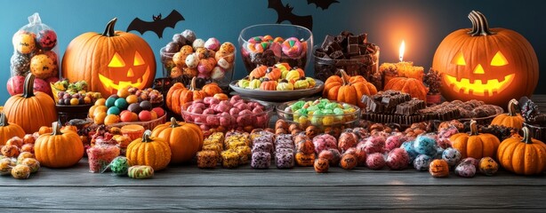 Festive Halloween Table Filled with Colorful Candy