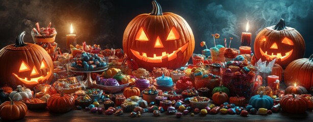 Festive Halloween Table Filled with Colorful Candy