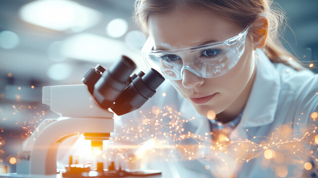 A focused female scientist examines samples under a microscope in a modern laboratory, highlighting the importance of research and technology in scientific advancement.