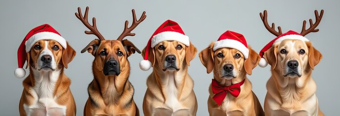 Obraz premium banner close-up hide dogs pet celebrating christmas wearing a reindeer antlers diadem, santa hat and red ribbon. Isolated on white or gray background.