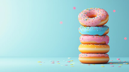 A stack of colorful donuts in a flat vector style, celebrating the sweetness of National Dessert Day. Copy space in the upper area