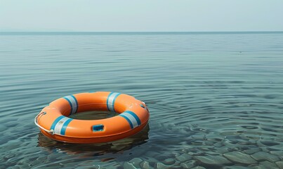 Fototapeta premium Orange lifebuoy floating in the calm blue sea with a rocky seabed.