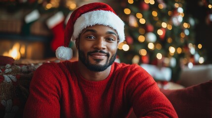 Smiling man in Santa hat sitting on sofa with Christmas tree in background