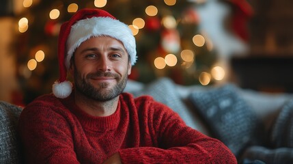 Man in a Santa hat sitting on a couch with a festive Christmas tree in the background