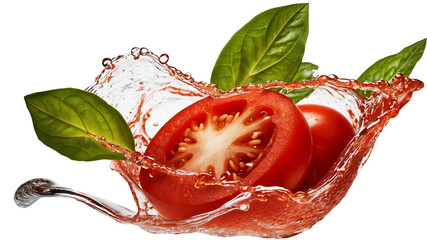 tomatoes splashed with water and leaves, tomatoes, tomato sauce, tomato, also tomato, food particles, food photography, isolated from background