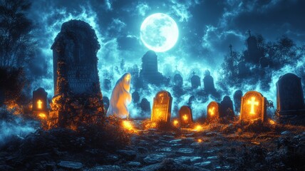 Obraz premium Spooky Night Scene in a Graveyard with Ghostly Figure