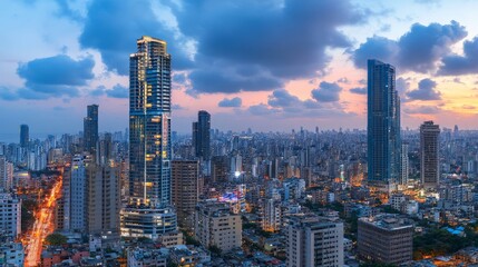 Fototapeta premium Vibrant Cityscape at Sunset: Towering Skyscrapers and Glowing Lights