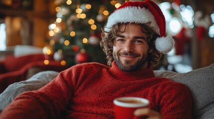 Smiling man with wavy brown hair, wearing a red sweater and Santa hat, sitting on a light grey couch, holding a red cup, with a Christmas tree glowing in the background
