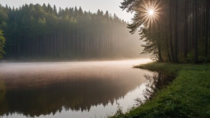 Fototapeta premium A tranquil morning at a serene forest lake with mist rising from the water and sunlight streaming through the trees. The peaceful atmosphere creates a dreamy, idyllic scene.