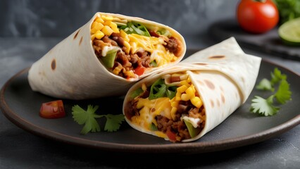 A savory breakfast burrito filled with scrambled eggs, cheese, and fresh vegetables, ready to fuel your morning. Perfect for food photography and breakfast lovers.