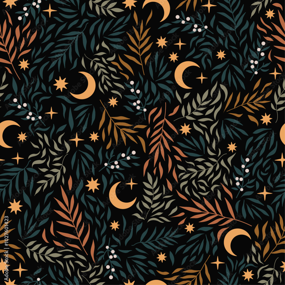 Wall mural seamless vector pattern with botanical ornament and crescent moon and stars. hand drawn dark backgro