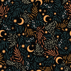 Seamless vector pattern with botanical ornament and crescent moon and stars. Hand drawn dark background for wallpapers and textile. Abstract floral design with berries