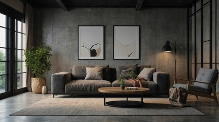 Loft interior design of modern living room, home. Corner sofa against concrete wall with poster frame