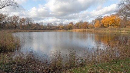 Obraz premium Serene Autumn Landscape with Tranquil Lake and Vibrant Foliage