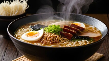 A vibrant bowl of buldak ramen featuring thick noodles, tender slices of meat, and a boiled egg. The spicy broth steams, adding a rich aroma perfect for ramen lovers and food enthusiasts