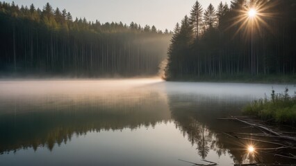 Fototapeta premium A tranquil morning at a serene forest lake with mist rising from the water and sunlight streaming through the trees. The peaceful atmosphere creates a dreamy, idyllic scene.