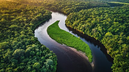 Obraz premium An aerial view of a winding river flowing through a dense, lush green forest, with sunlight illuminating the scene.