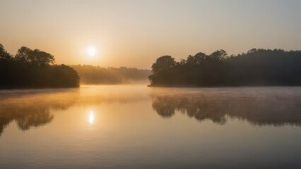 Obraz premium Golden morning light illuminating a mist-covered lake, with soft reflections of the trees on the calm water. A peaceful and enchanting natural scene
