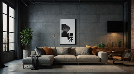 Loft interior design of modern living room, home. Corner sofa against concrete wall with poster frame