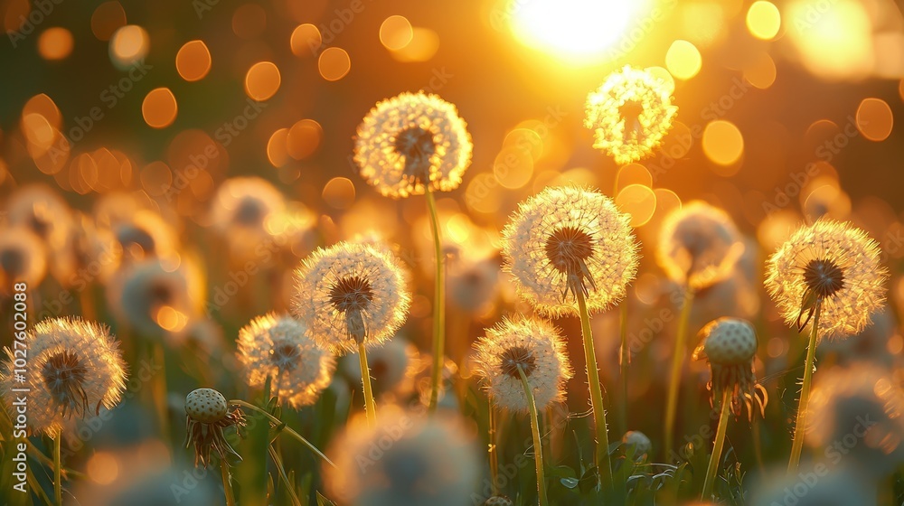 Poster A field filled with fluffy dandelion heads basks in the warm glow of the setting sun, casting a serene and enchanting light across the scene