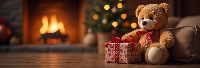 Holiday teddy bear and christmas gift and fireplace on background