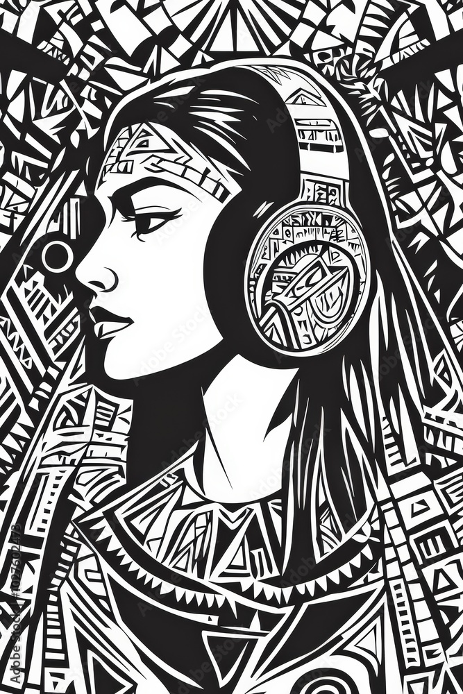 Aufkleber this artwork features a woman wearing headphones, surrounded by intricate patterns and geometric des