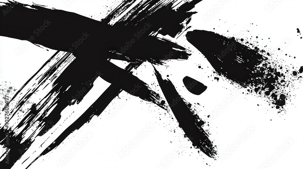 Poster bold black brush strokes cross over a white canvas, showcasing an energetic play of movement and con