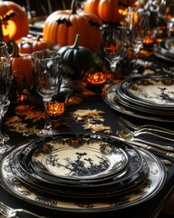 Fototapeta premium Elegant Halloween Table Setting with Pumpkins and Decor