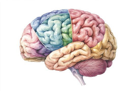 illustration of a human brain as seen from the side, with different regions highlighted in various colors with clipping path