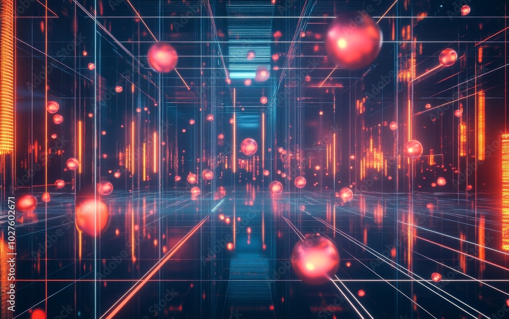 Aufkleber a futuristic digital environment with glowing orbs and grid patterns, suggesting advanced technology