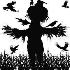 scarecrow and birds silhouettes isolated on white background