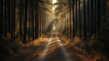 Obraz premium A dirt road winds through a dense forest, sunlight streams through the trees, creating a mystical atmosphere.