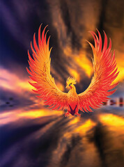 Obraz premium red phoenix on blue and orange background