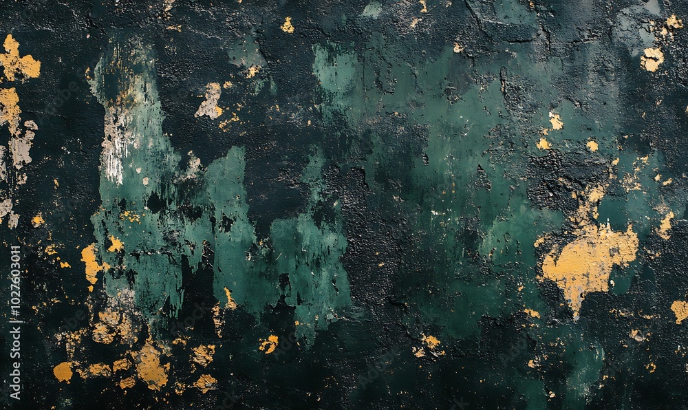 Poster a textured surface with dark green paint, revealing patches of peeling gold and textures, creating a