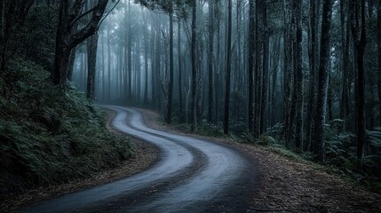 Obraz premium A winding road through a misty forest, with tall trees and ferns on the sides.
