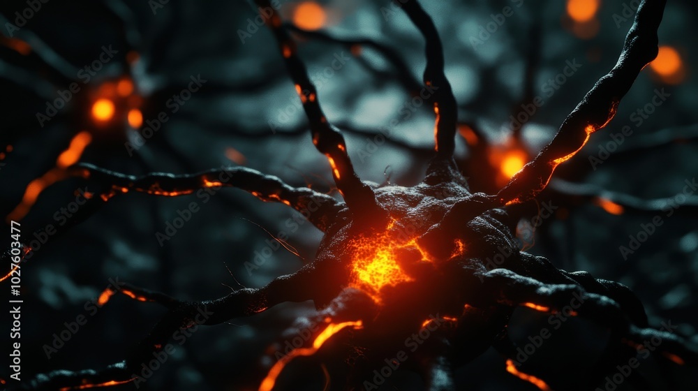 Poster microscopic close-up of neurons with glowing dendrites transmitting signals with copy space